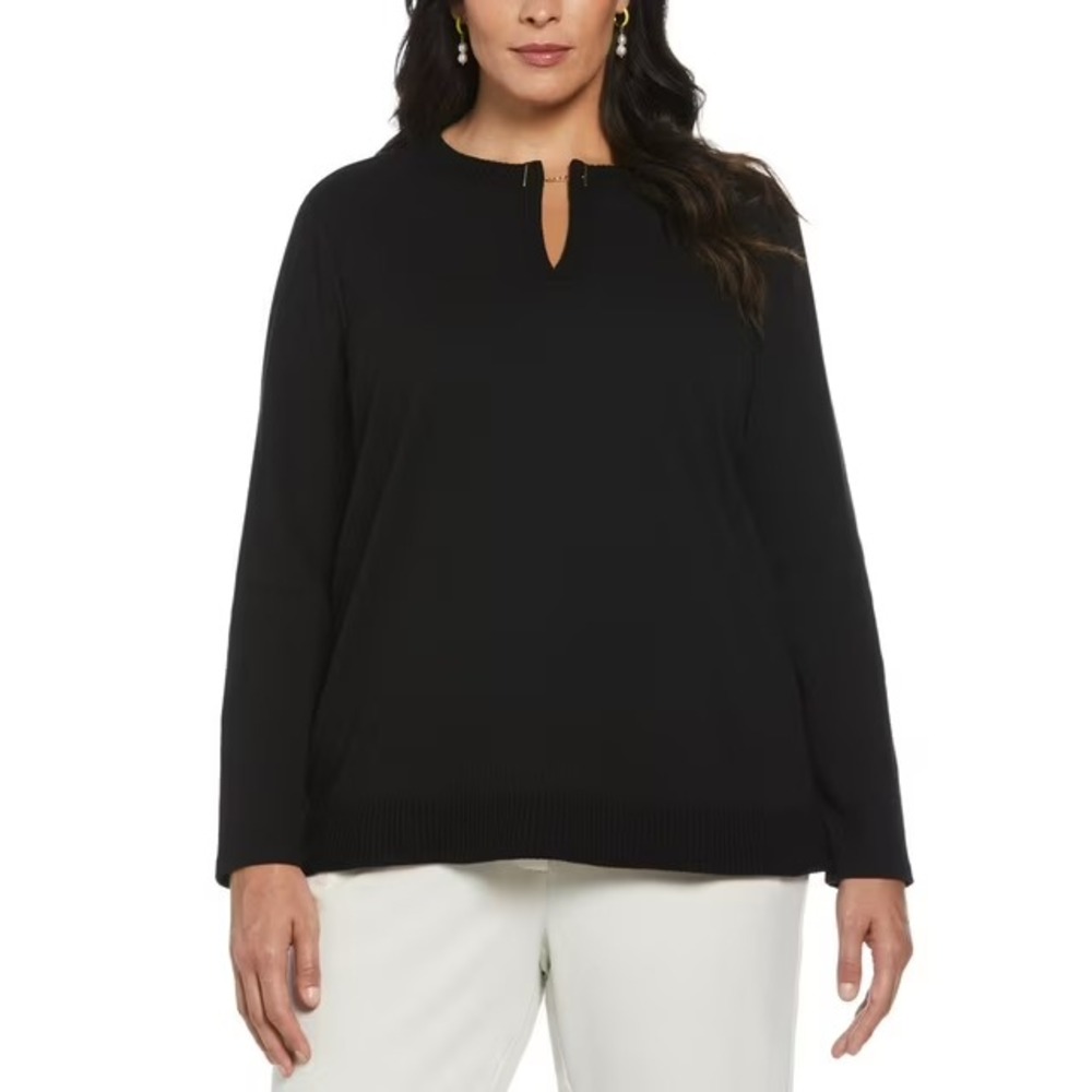 NWT Rafaella Womens Plus Long Sleeve V-Neck Top Chain Detail Black 1XL